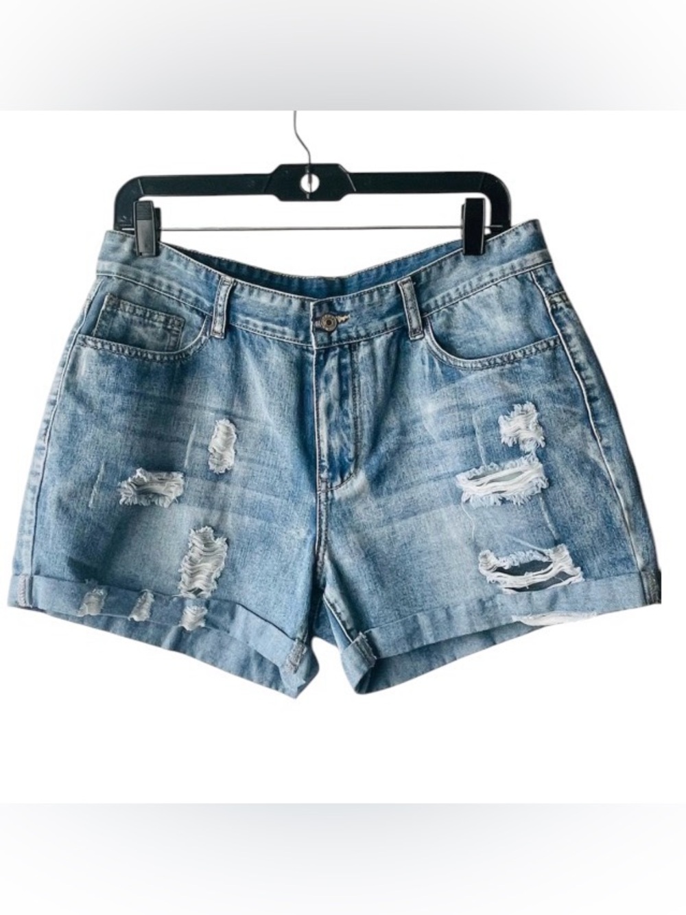 Distressed Blue Jean Shorts with Cuffed Hem